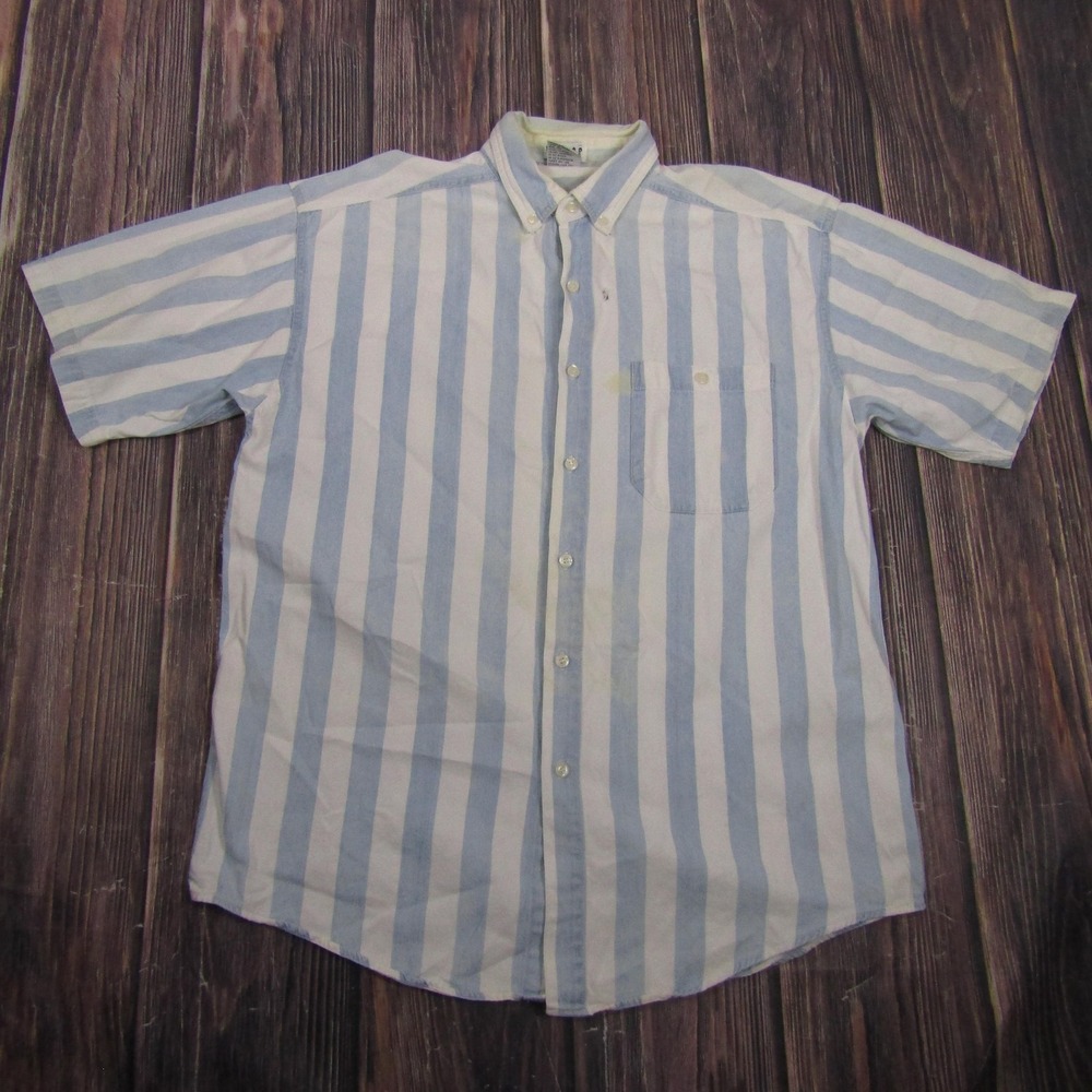 Vintage Kikomo Shirt Mens Medium Blue Striped Short Sleeve Button Up Cotton